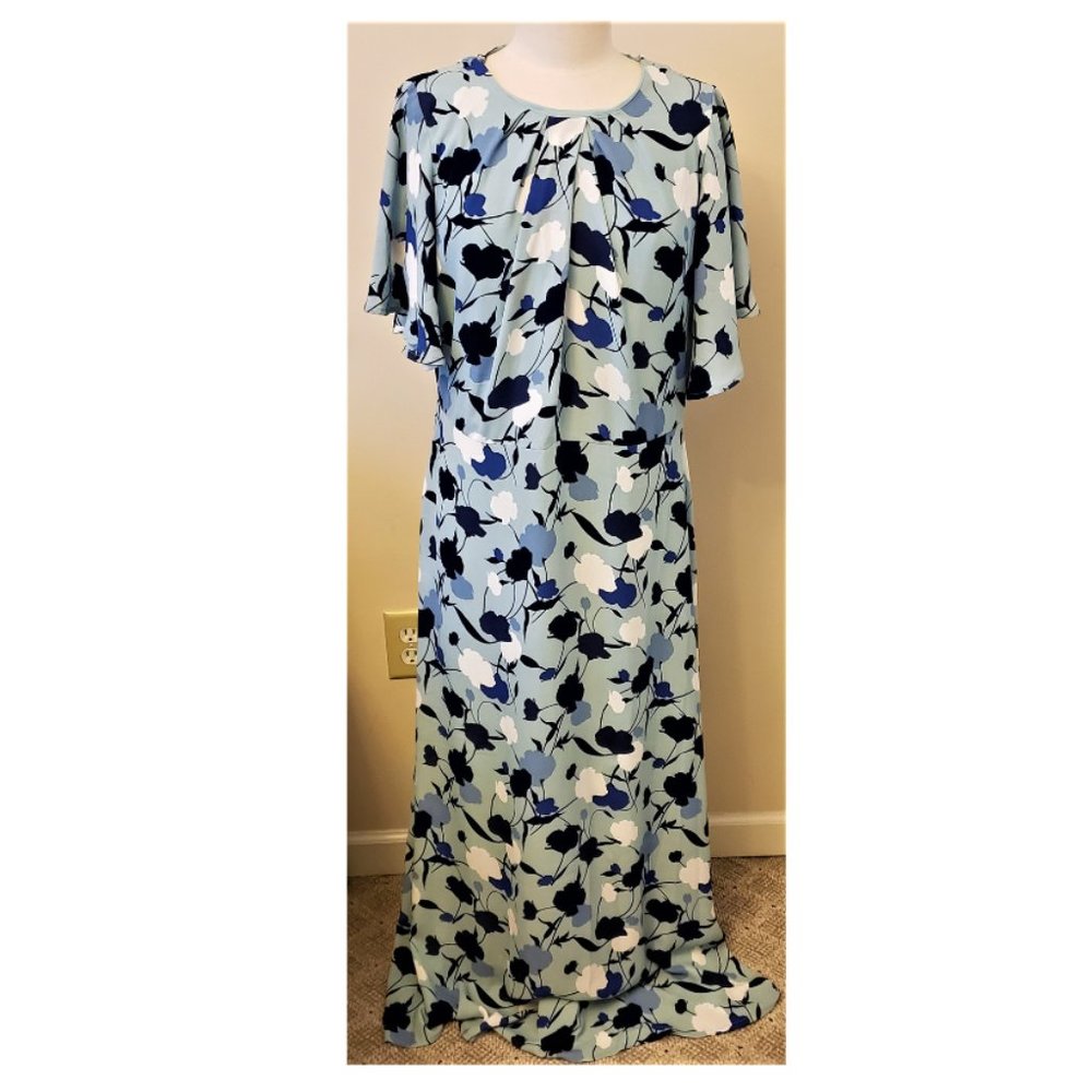 HALOGEN Maxi Dress Sz-XL Blue- Navy/Bloom-Printed Pattern